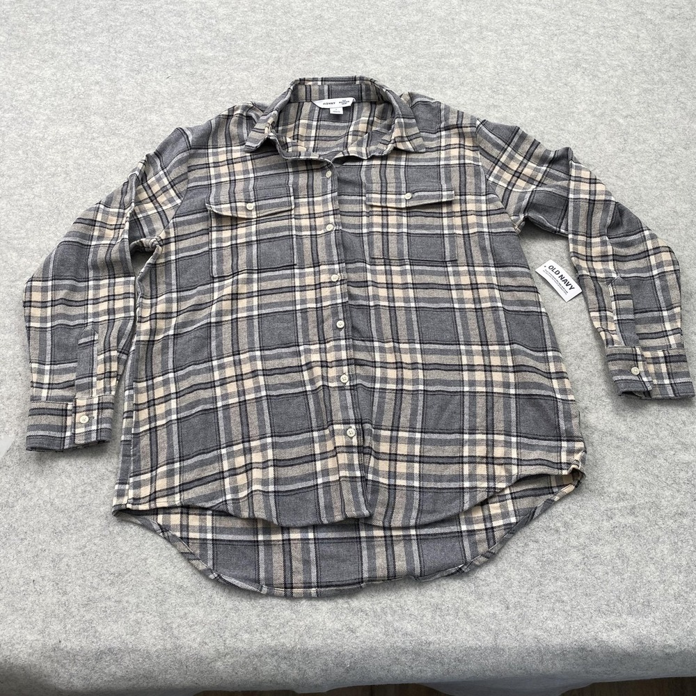Old Navy Button Up Shirt Womens Small Gray Plaid Boyfriend Flannel Long Sleeve